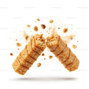 Crunchy caramel peanut energy bar split in half
