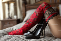 Chic Black Heels and a Red Lace Dress in a Cozy Bedroom Setting