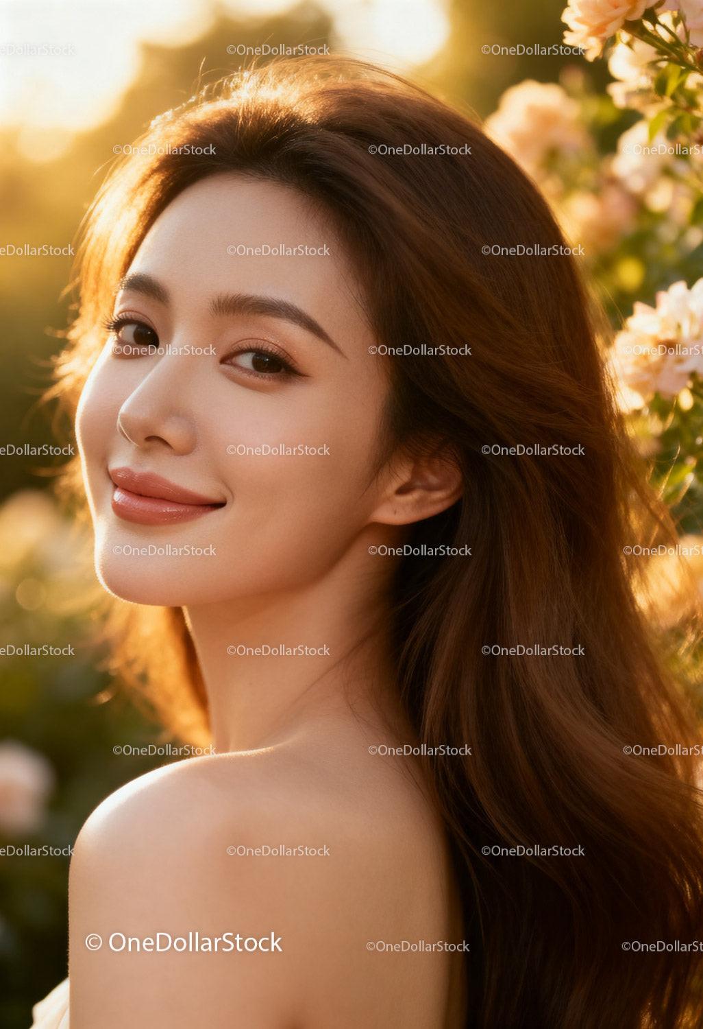 Smiling woman enjoying golden hour among blooming flowers