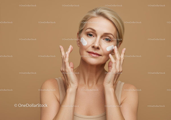 Woman Applying Facial Cream with Skincare Routine Concept