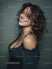 Portrait of a Smiling Woman with Wavy Hair and Stylish Jewelry