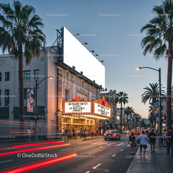 Evening street scene with illuminated theater marquee JPG Mockup Image