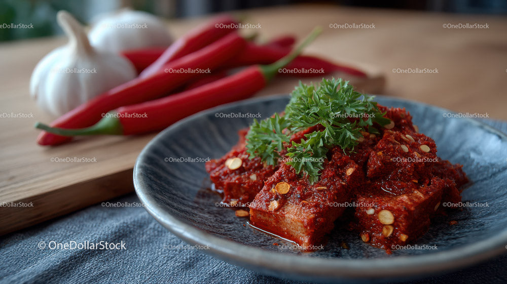Spicy Red Chili Paste with Garlic and Herbs on a Black Plate