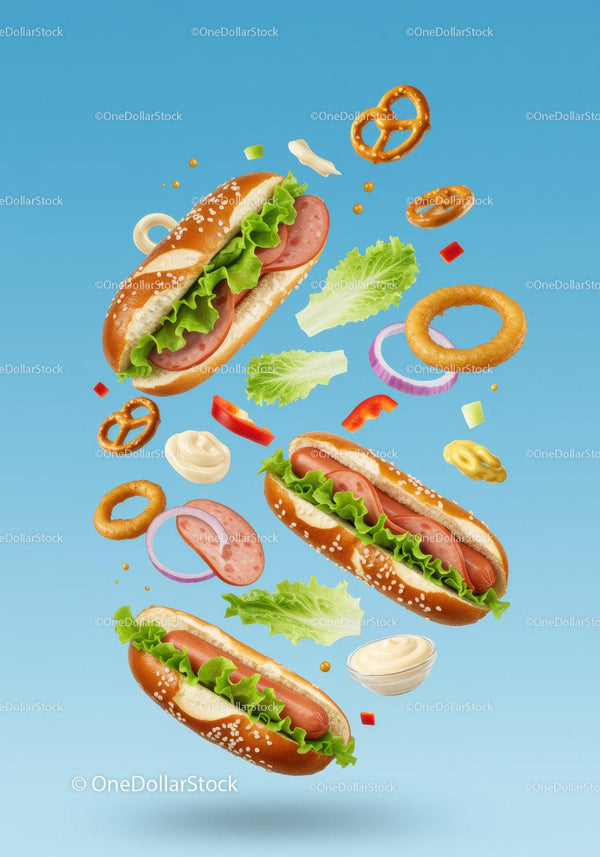Fresh hot dogs with pretzels and onion rings on blue