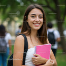 Young Smiling Woman With Pink Notebook Outdoors Park Summer Lifestyle