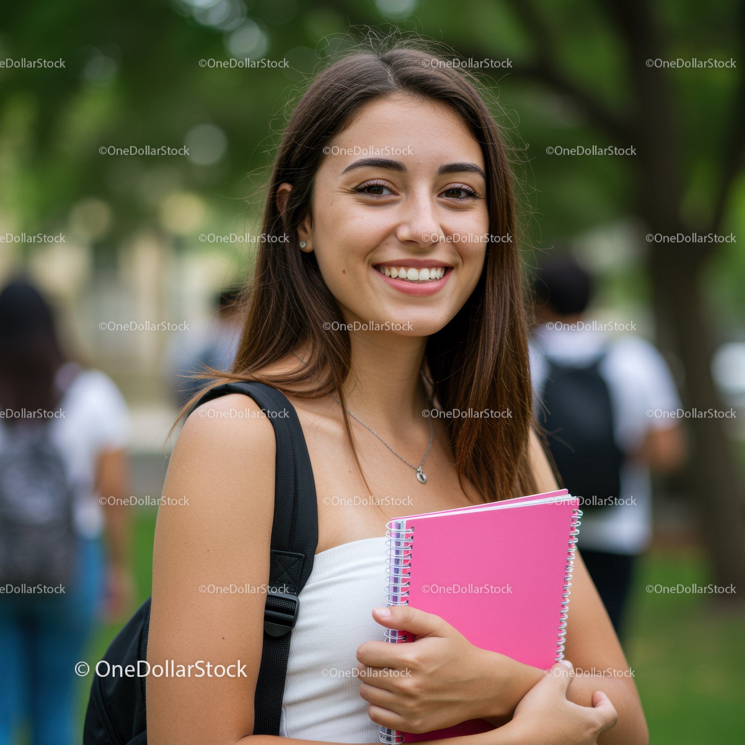 Young Smiling Woman With Pink Notebook Outdoors Park Summer Lifestyle