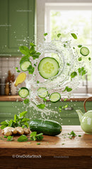 Fresh cucumber and herbs splashing in clear water