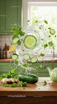 Fresh cucumber and herbs splashing in clear water