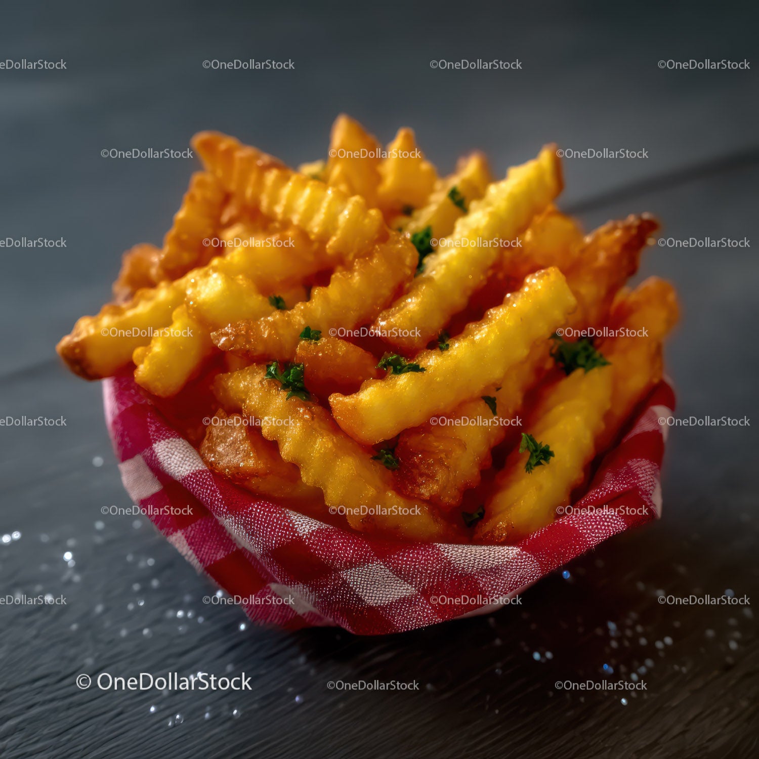 Golden French Fries on a Checkered Food Basket in Natural Light