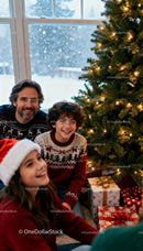 Family enjoying cozy moments by decorated Christmas tree