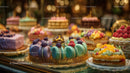 Colorful Array of Macarons and Fruit Tarts in Luxurious Pastry Display