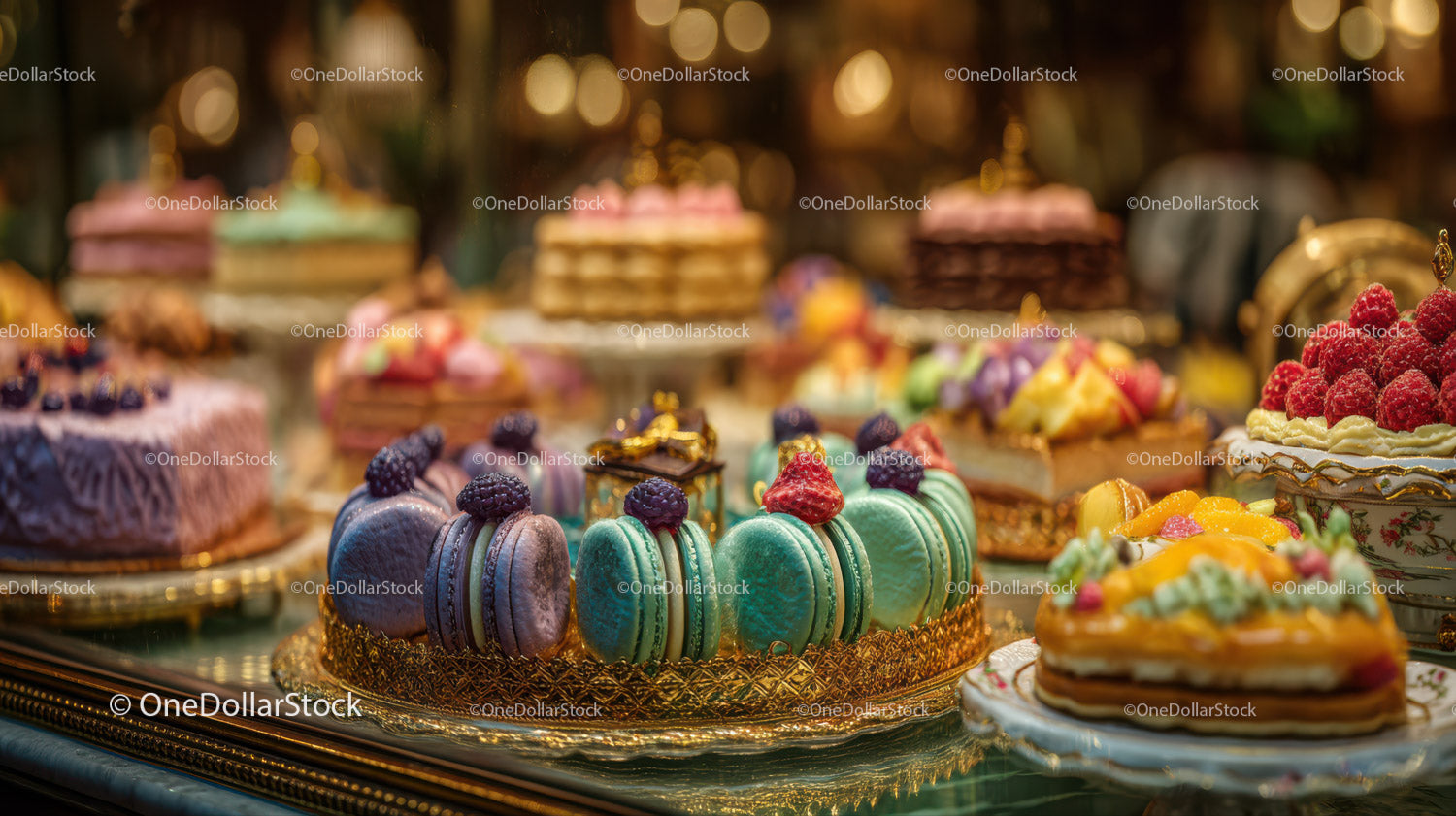 Colorful Array of Macarons and Fruit Tarts in Luxurious Pastry Display