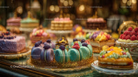 Colorful Array of Macarons and Fruit Tarts in Luxurious Pastry Display