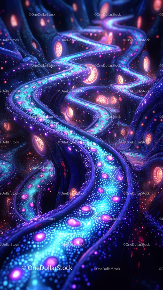 Kolorowa bioluminescencyjna rafa koralowa z neonowymi stworzeniami morskimi