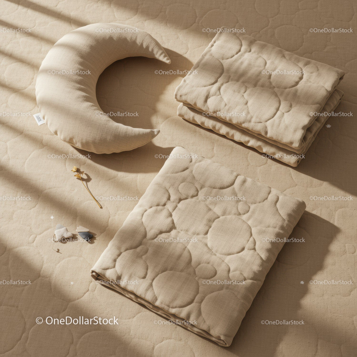 Cozy neutral bedding set with crescent pillow in soft light