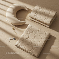 Cozy neutral bedding set with crescent pillow in soft light