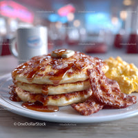 Stack of Fluffy Pancakes with Melted Butter and Syrup