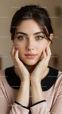 Close-up of Young Woman with Gorgeous Blue Eyes and Soft Expression