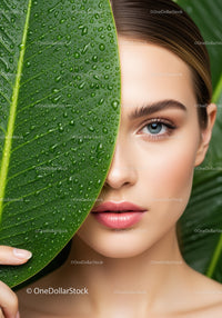 Portrait of a Woman with Blue Eyes Behind Large Leaf with Water Droplets