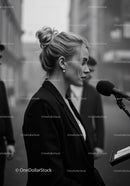 Elegant Woman Giving Speech in Black and White Outdoors