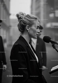 Elegant Woman Giving Speech in Black and White Outdoors