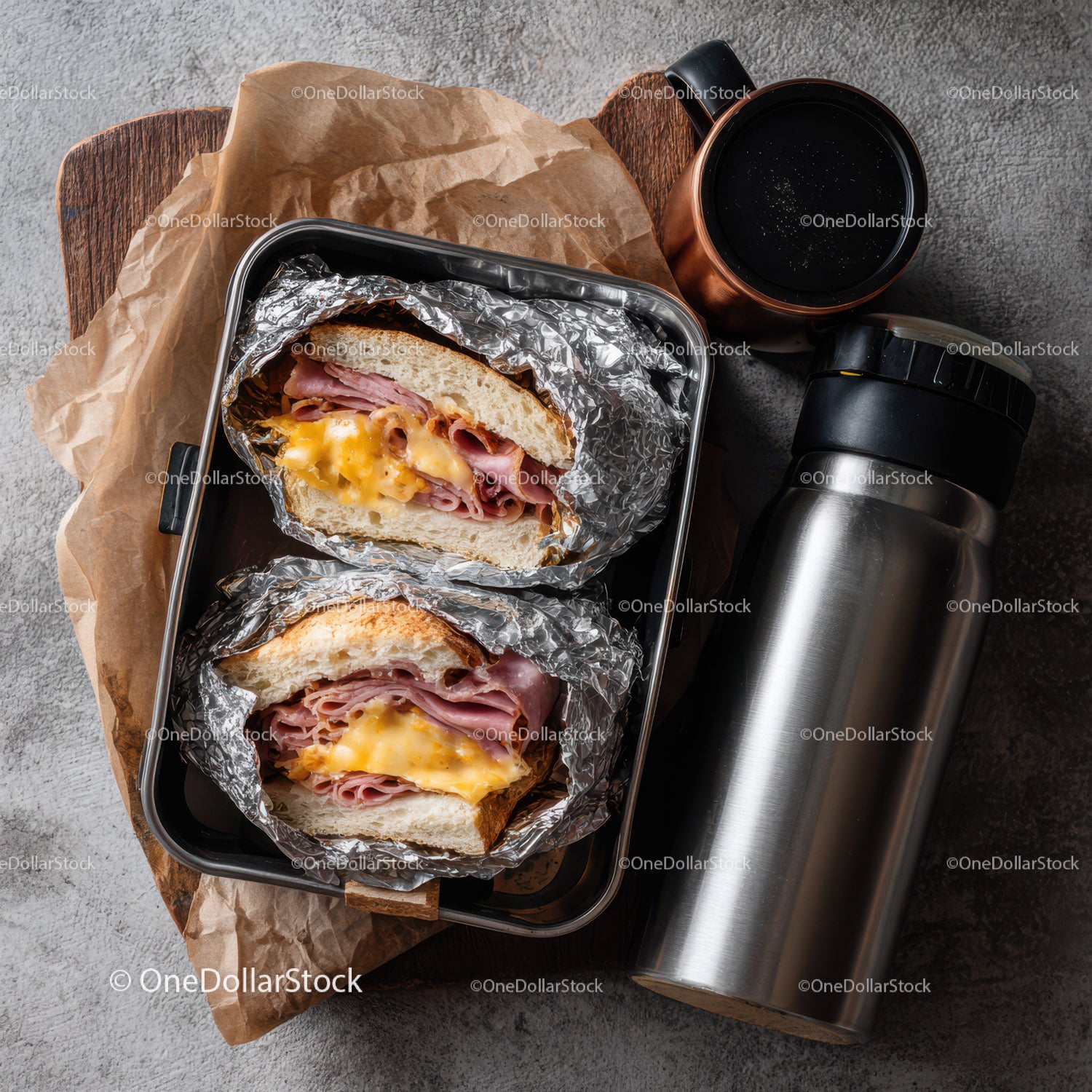 Ham and Cheese Toasted Sandwich with Coffee and Thermos