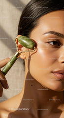 Beautiful Woman Using Jade Roller for Facial Skincare in Natural Setting