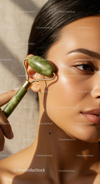 Beautiful Woman Using Jade Roller for Facial Skincare in Natural Setting