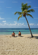 Tropical Beach with Palm Tree and Relaxing Men by the Sea