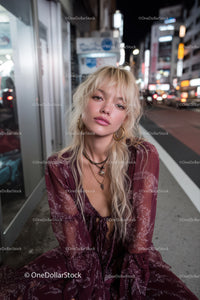 Stylish Young Woman with Blonde Hair Sitting on City Sidewalk at Night