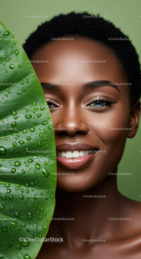 Beautiful African Woman with Green Leaf and Water Droplets
