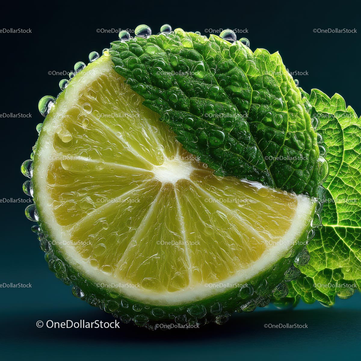 Close-Up of Fresh Lime with Mint Leaf and Water Droplets
