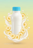 Banana yogurt bottle with splashing milk and fruit slices