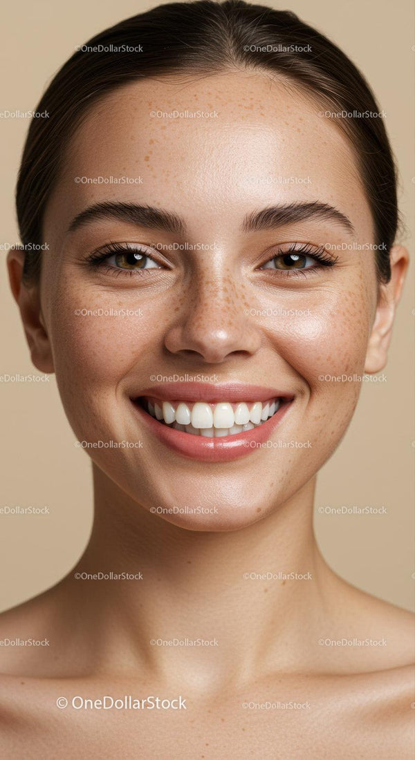 Close Up Portrait of Smiling Woman with Natural Freckles