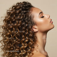 Profile of woman with voluminous curly hair and glowing skin