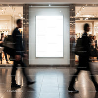 Blurred pedestrians walking past blank illuminated billboard