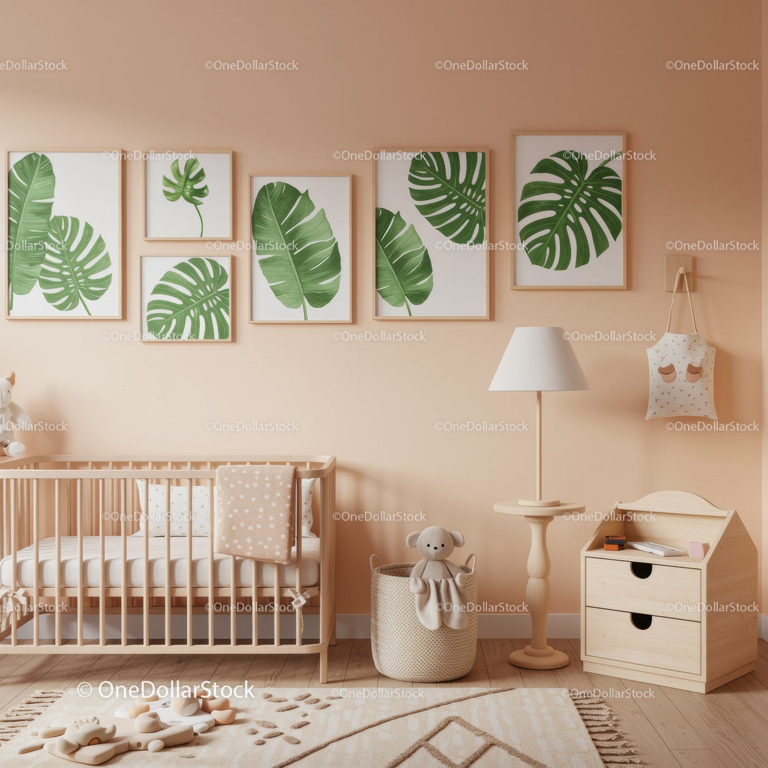 Modern Nursery with Green Monstera Wall Art and Wooden Furniture