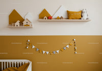 Modern Kids Nursery Decor with Wooden Toys and Colorful Banners