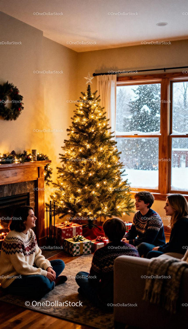 Family enjoying warm Christmas evening by lit tree