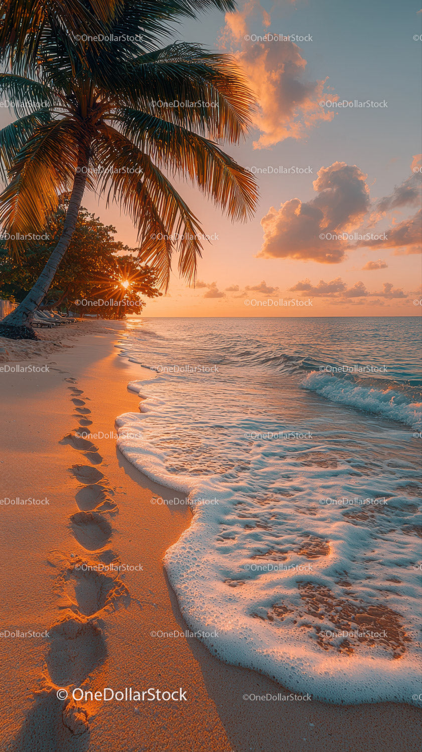Sunset Over Tropical Beach with Palm Trees and Clear Ocean Water