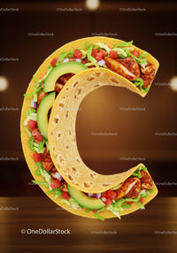 Taco shaped like letter C with fresh ingredients