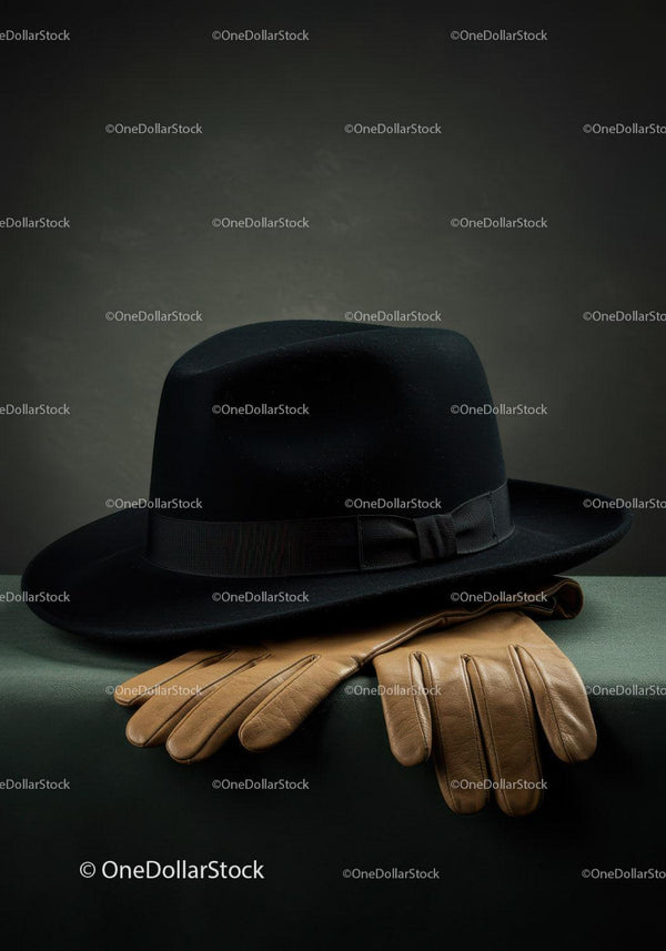 Elegancki czarny kapelusz fedora z beżowymi rękawiczkami skórzanymi na ciemnym tle