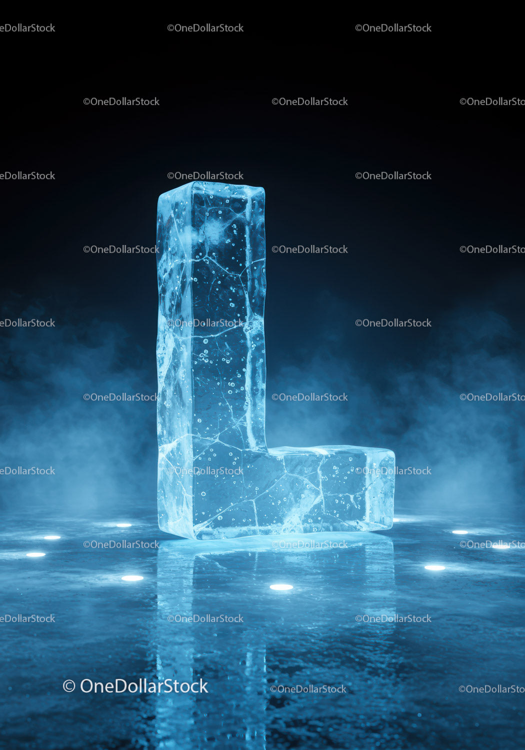 Frozen Ice Sculpture Shaped Like Letter L on Reflective Surface