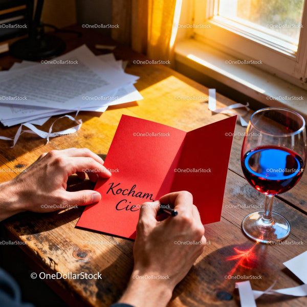 Person Writing Love Message in Red Card by Window Light