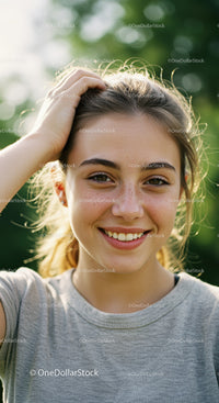 Smiling Young Woman with Freckles in Sunnlit Outdoor Setting