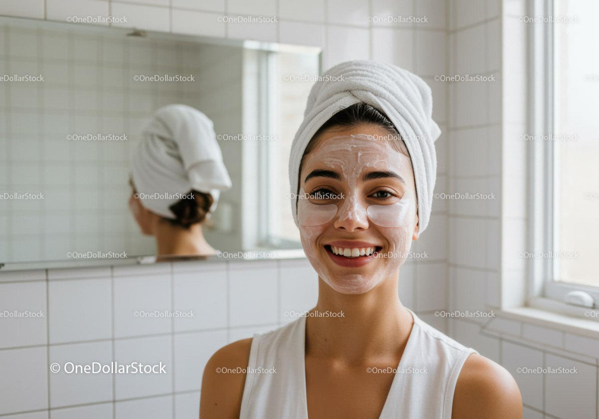 Smiling young woman with facial mask and towel turban