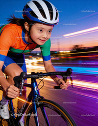 Determined Girl Cycling Fast at Dusk