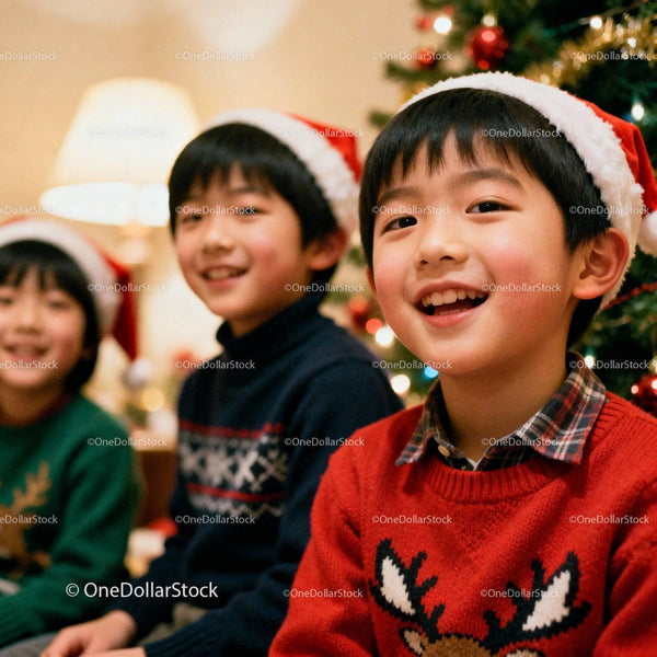 Happy children in festive sweaters and Santa hats