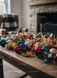 Cozy rustic holiday decorations on wooden table