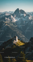 Majestic Snow-Capped Mountain Range with Scenic Alpine Fortress